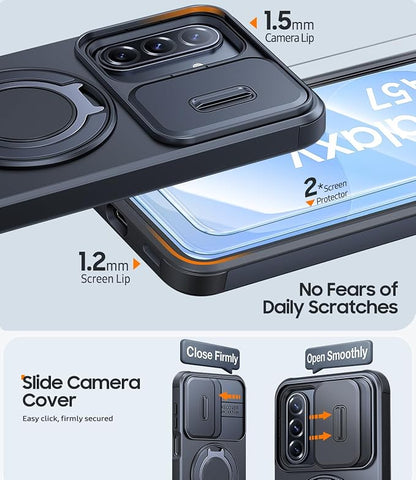 JAME for Samsung Galaxy A57 5G Case, Ring Holder Stand Kickstand, Slide Camera Cover, 2 Screen Protectors, Dual-Layer Shockproof Protective, Magnetic Accessory Friendly Galaxy A57 Phone Case, Black