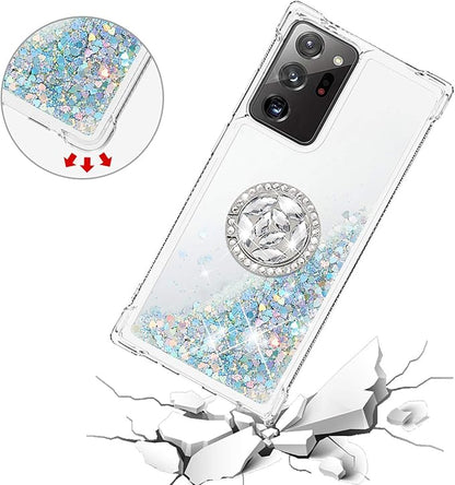 Liquid Phone Case for Galaxy Note 20 Ultra with Ring Stand, Bumper Case Bling Waterfall Liquid Case Resistant Silicone Back Case Glitter Protective Cover Compatible with Samsung Galaxy Note 20 Ultra
