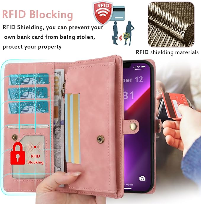 for Wallet Case Compatible with iPhone 13 Pro Max,Multi-Function Detachable 2 in 1 Magnetic iPhone 13 Pro Max Case Wallet,Flip Strap Zipper Card Holder Phone Case with Shoulder Straps (Pink)