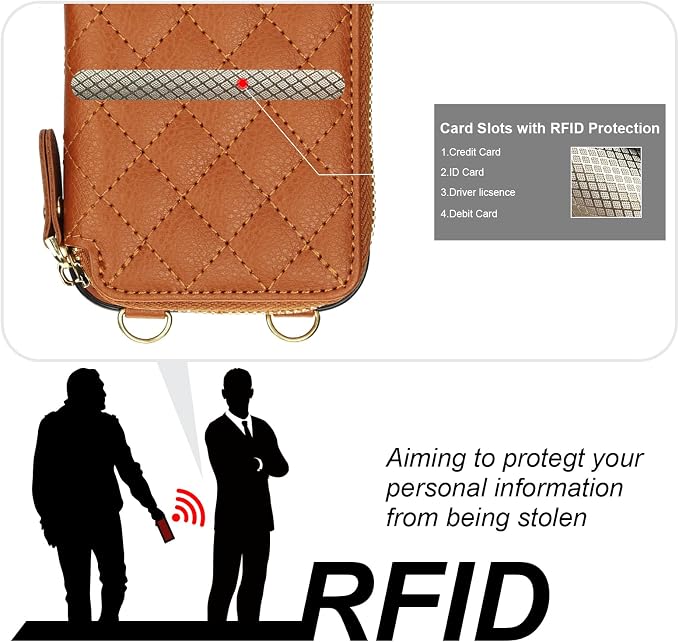 Bocasal Crossbody Wallet Case for iPhone 16, RFID Blocking PU Leather Zipper Handbag Purse Flip Cover, Kickstand Folio Case with Card Slots Holder Wrist Strap Lanyard 5G 6.1 Inch (Brown)