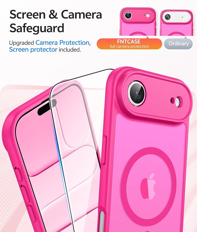 FNTCASE for iPhone Air Case: [Compatible with Magsafe] Translucent Matte Cases with [Full Camera Protection] [Screen Protector] Military Grade Shockproof Protective Phone Cover - Hot Pink