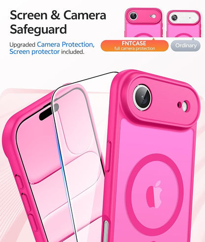 FNTCASE for iPhone Air Case: [Compatible with Magsafe] Translucent Matte Cases with [Full Camera Protection] [Screen Protector] Military Grade Shockproof Protective Phone Cover - Hot Pink