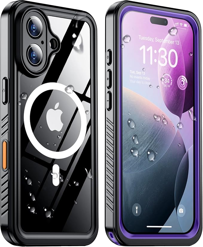 Temdan Magnetic for iPhone 16 Plus Case Waterproof,Built-in Screen Protector[IP68 Underwater][Upgrade Military Dropproof][Compatible with MagSafe] Full Body Shockproof Translucent Case 6.7''-Purple