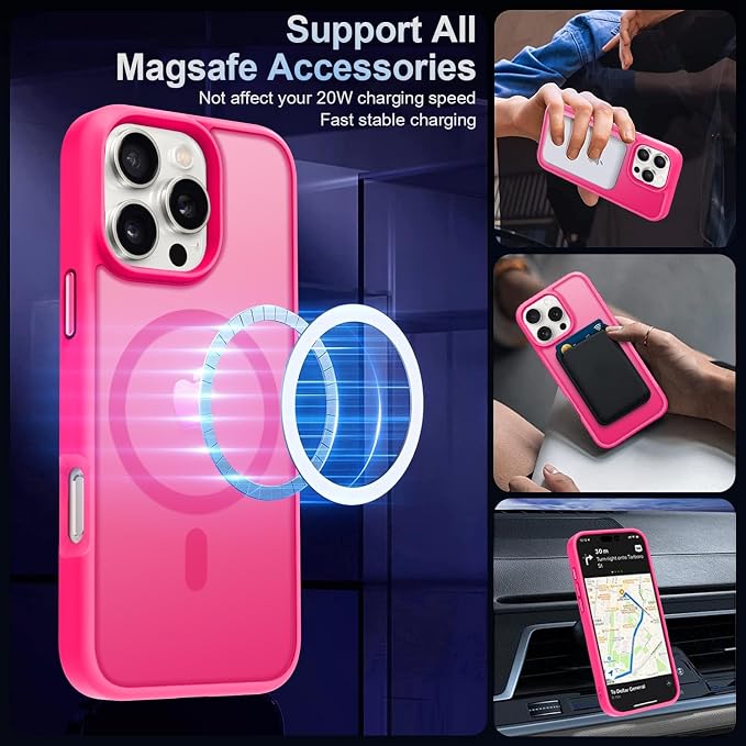 MOCCA Strong Magnetic for iPhone 16 Pro Max Phone Case, [Compatible with Magsafe][16FT Mil-Grade Drop Protection] Slim Thin Translucent Matte Protective Cover Case for iPhone 16 Pro Max Case, Hot Pink