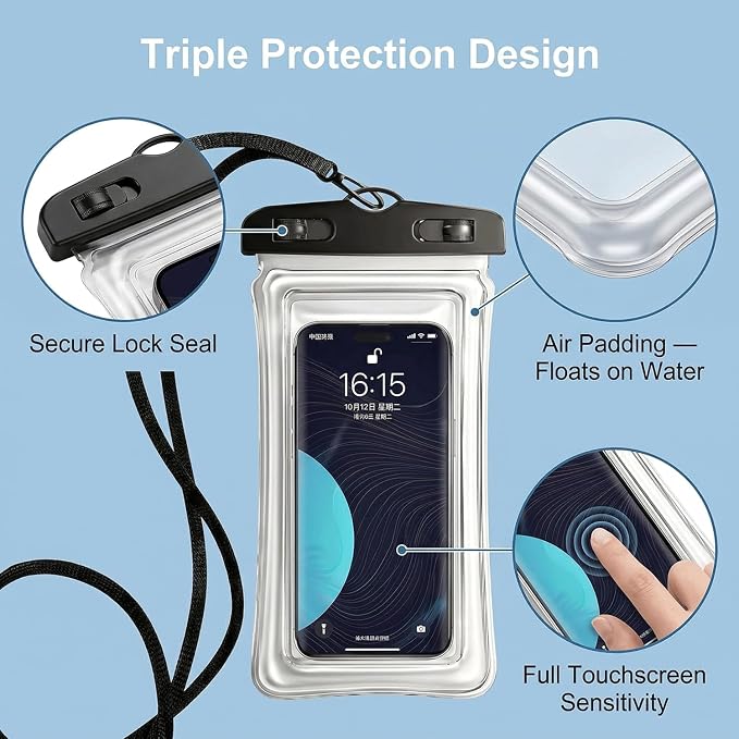 2 Pack Floating Waterproof Phone Pouch, IPX8 Universal Dry Bag for Smartphones up to 7", Clear Touchscreen Case with Secure Lock & Lanyard for Beach, Swimming, Travel & Outdoor Use