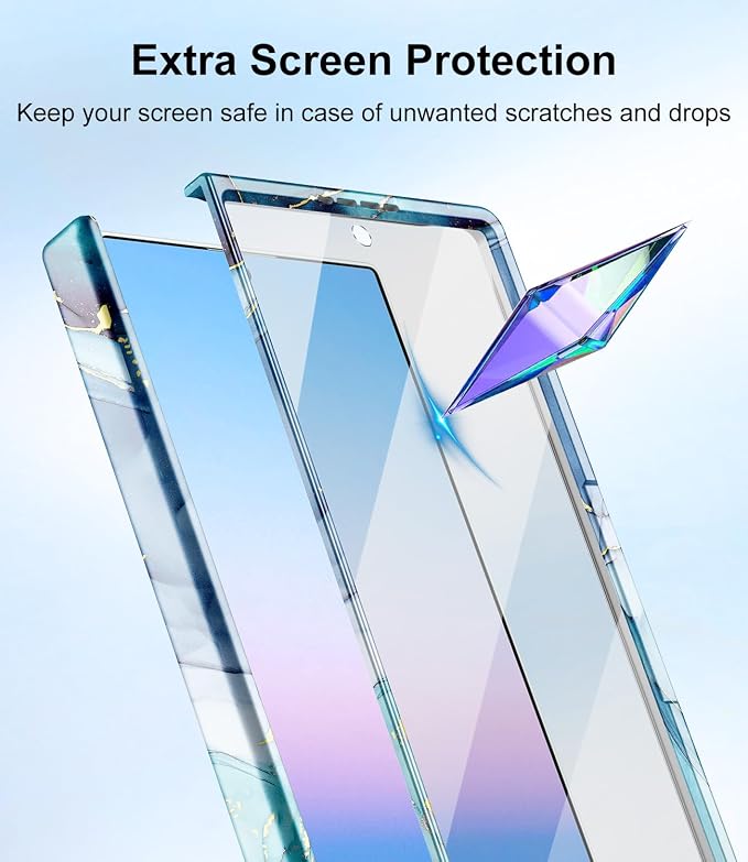 Btscase for Samsung Galaxy Z Fold 7 Case,Built in Front Screen Protector,Gold Glitter Marble Pattern Hard PC Slim Shockproof Full Body Drop Protective Case for Galaxy Z Fold 7 5G, Blue Cyan