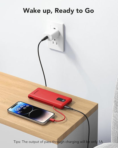 charmast Portable Charger,Power Bank Built-in Cables and AC Wall Plug,10000mAh USB C Fast Charging,External Battery Pack Slim,Travel Essentials Compatible with iPhone,iPad,Samsung,Android