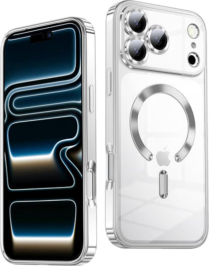 Slim Thin for iPhone 17 Pro Max Case Clear, Compatible with MagSafe, Built-in Camera Lens Protector, Non Yellowing Shockproof Protective Phone Case, Soft Electroplated Magnetic Cover, Sliver