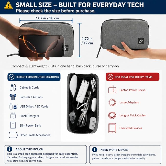 Small Electronics Organizer Travel Case, Cord and Cable Tech Bag Pouch | Compact soft tech Bag pouch for cables cords chargers earbuds and slim power bank water-resistant for travel, cruise and work