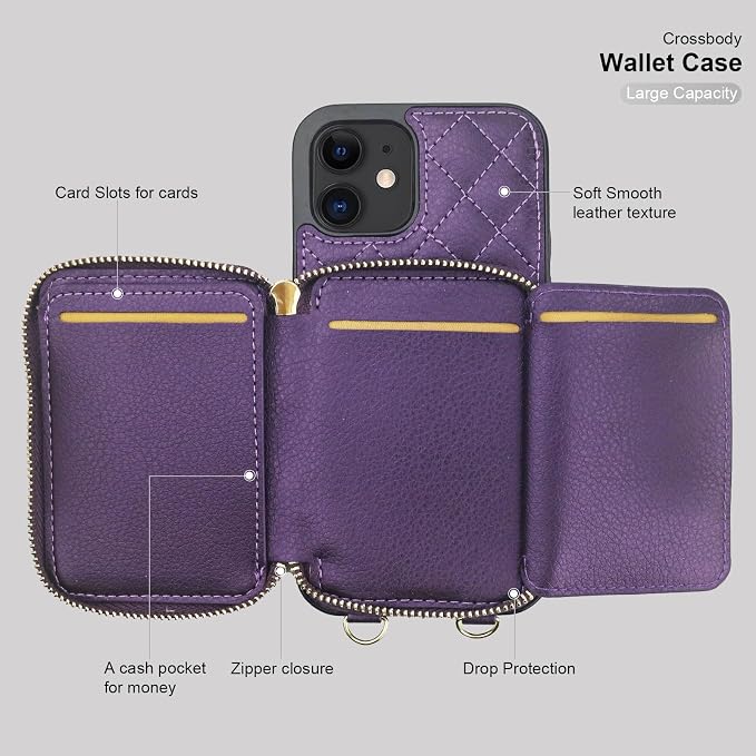 Bocasal Crossbody Wallet Case for iPhone 12/12 Pro, RFID Blocking PU Leather Zipper Handbag Purse Flip Cover, Kickstand Folio Case with Card Slots Holder Wrist Strap Lanyard 5G 6.1 Inch (Dark Purple)