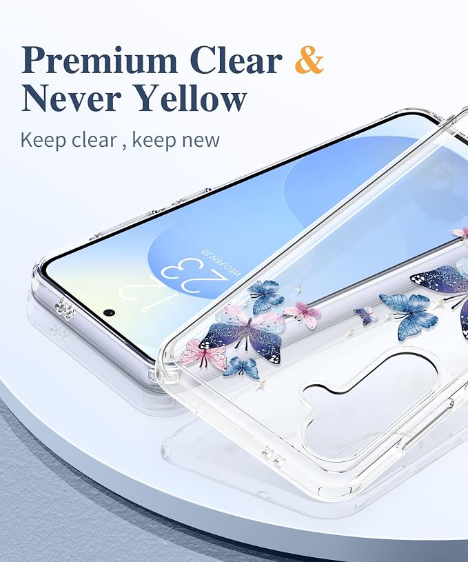 GVIEWIN for Samsung Galaxy S25 Plus Case, Clear Floral Slim Shockproof Protective Women Phone Case, Non-Yellowing, with Screen Protector & Camera Lens Protector for S25 Plus 6.7", Colorful Butterfly
