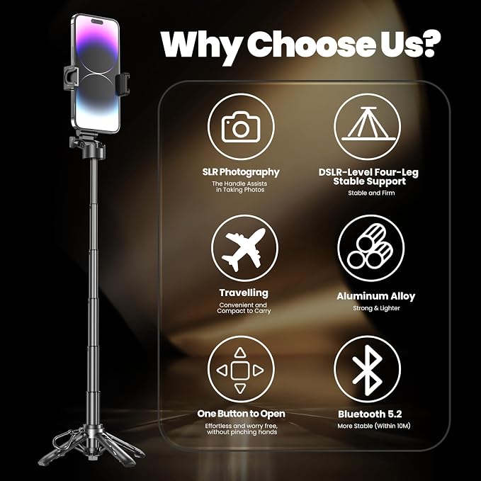 Selfie Sticks for iPhone, 4-in-1 Multi-Functional Phone Tripod with Remote Control, Pocket-Sized Mini Selfie Stick, Suitable for Photography, Live Streaming, Outdoor Travel Essentials