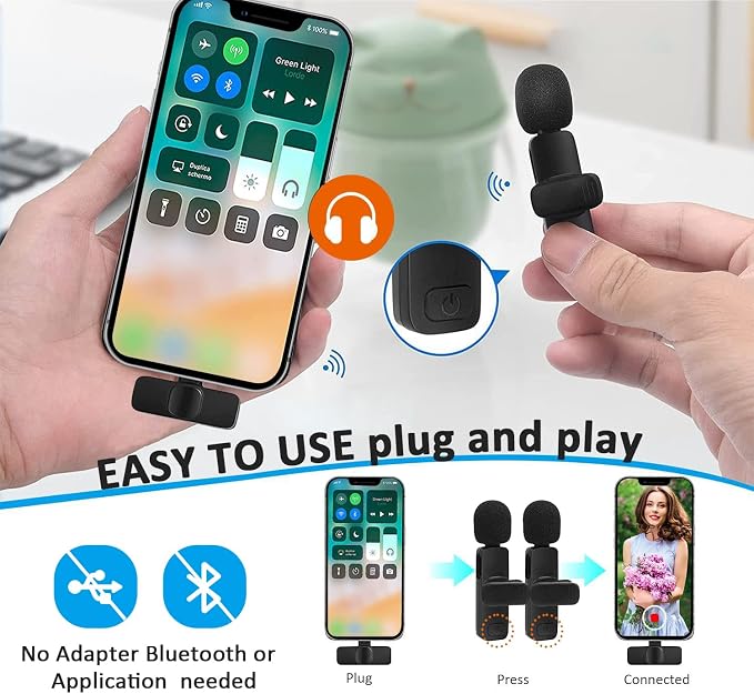 MAYBESTA Wireless Mini Microphone for iPhone 14 Below - Bluetooth Lapel Mic for Video Recording - Clip on Phone Microphones for YouTube Tiktok(Lightning / 2 mics)