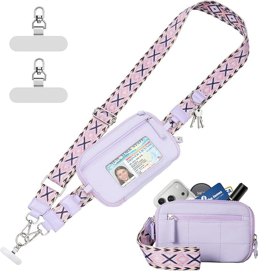 Tiostep Clip and Go Strap for Phone with Wallet Crossbody Phone Lanyard with Anti-Theft Zipper Pouch Detachable Quilted Wrist Wallet with RFID and ID Window for Daily Travel. Purple Large