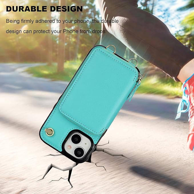 Bocasal Crossbody Wallet Case for iPhone 15, RFID Blocking Leather Purse Case with Card Holder, Protective Handbag Flip Cover with Zipper Wrist Strap Lanyard for Women 5G 6.1 Inch (Mint Green)