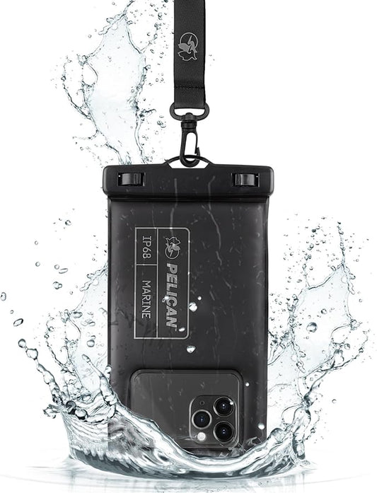 Pelican Marine - IP68 Waterproof Phone Pouch (Regular Size) Floating Waterproof Phone Case - Beach Cruise Ship Travel Essentials - Works with All Phones - Detachable Lanyard - Black