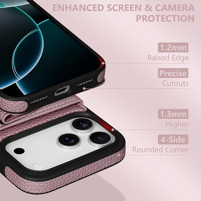 Keallce Wallet Case for iPhone 17 Pro Max 6.9'', Flip Case with RFID Blocking Card Holder Slots Kickstand, PU Leather Protective Folio Cover for Women, Rosegold