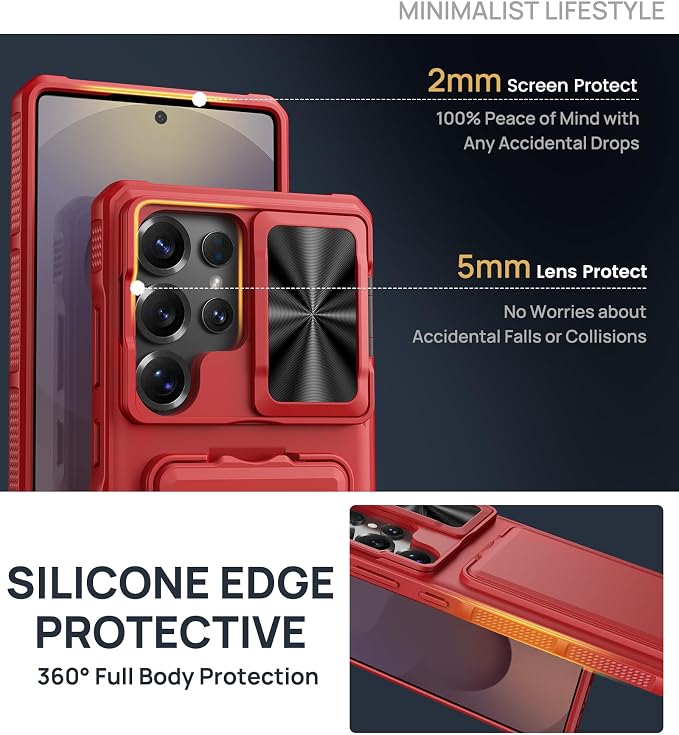 SSLOTSCASE for Samsung Galaxy S25 Ultra Case with Wallet & Stand & Sliding Camera Lens Cover & Card Holder, Heavy-Duty Rugged Silicone Edge Protective Phone Case Cover for S25 Ultra 5G 6.9" 2025, Red