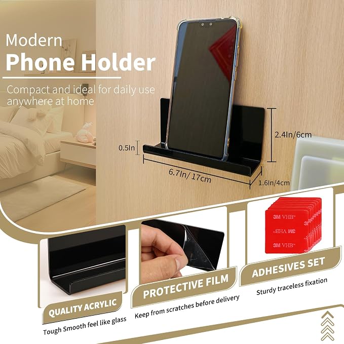 Adhesive Tablet Wall Mounted Phone Holder Acrylic Floating Shelves,eReader Wall Smartphone Holder Stand for Bedroom,Living Room,Dorm,Office Display Shelf (Black)