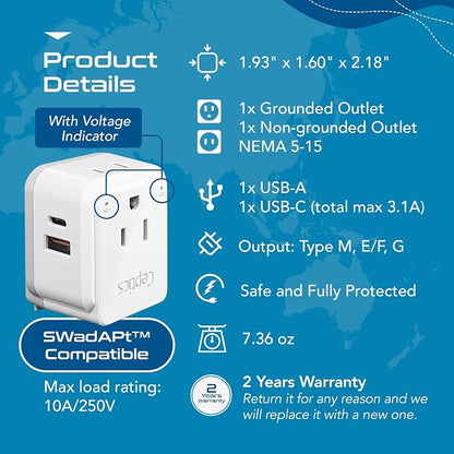 Ceptics South Africa Power Adapter Travel Set - 20W PD & QC, Fast & Safe with Dual USB & USB-C - 2 USA Outlet - Use All Over Africa, Zimbabwe, Morocco - Includes Type E/F, M, G SWadAPt Attachments
