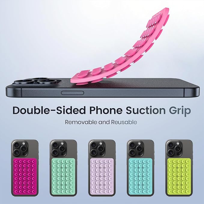 Double Sided Silicone Suction Phone Holder Mount, Silicon Accessory for iPhone and Android, Hands-Free Mirror Shower Phone Holder, TikTok Videos and Selfies (Pink+White)