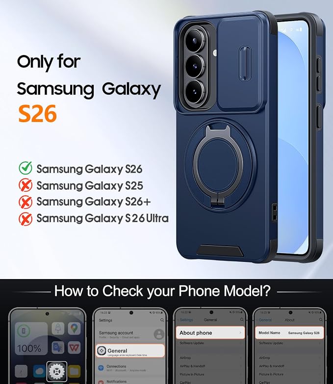JAME for Samsung Galaxy S26 Case, Ring Holder Stand Kickstand, Slide Camera Cover with Screen Protector, Dual-Layer Shockproof Protective, Magnetic Accessory Friendly Galaxy S26 Phone Case, Blue