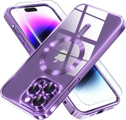 Misea Magnetic for iPhone 14 Pro Max Case Compatible with MagSafe [Never Yellowing] [Military Grade Drop Protection] Full Camera Lens Protector Plating Soft Clear Phone Case for Women Girls, Purple