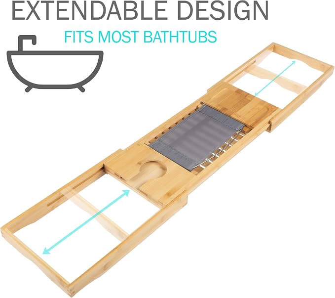 Bamboo Bathtub Tray - Wood Bath Caddy with Book, Phone, or Tablet Rest, Cup Holder, and Extended Sides for Bath Accessories by Lavish Home (Natural)