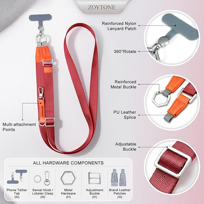 Phone Lanyard Crossbody with 2 Phone Tabs, Adjustable Anti Theft Phone Strap for iPhone & Android, Universal Skin-Friendly Cell Phone Neck Lanyard for Travel Hiking Cycling Shopping (Red)