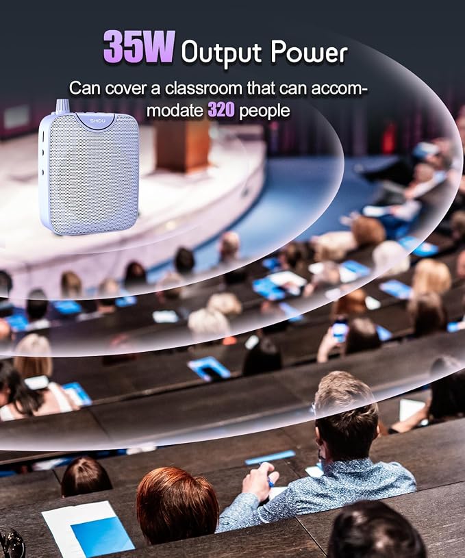 SHIDU 35W Power Voice Amplifier with Bluetooth Wireless Lavalier Microphone, Portable Teacher Mic with Speaker Personal Clip On Microphone System for Teacher Meeting Training-M500 (Purple)