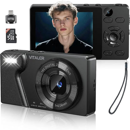 Digital Camera with Front Rear Lens, Autofocus 64MP 4K Camera for Photography with 32GB Card, Portable Compact Point and Shoot Camera for Teens Adult Beginner with Metal Shell, 2000mAh Battery