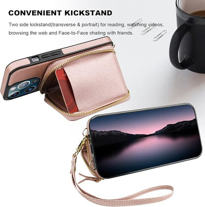 Bocasal RFID Blocking Wallet Case for iPhone 13 Pro, Adjustable Crossbody Zipper Purse Case Card Holder with Kickstand Detachable Wrist Strap, PU Leather Flip Folio Case 6.1 Inch 5G (Rose Gold)