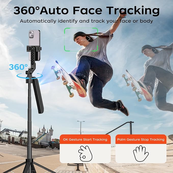 FUNSNAP Auto Face Tracking Tripod for iPhone with Remote, 70 inch Extendable 360° Rotation Selfie Stick Tripod for Android, Phone Holder Video Recording for Content Creators Vlog Live Streaming TIKTok