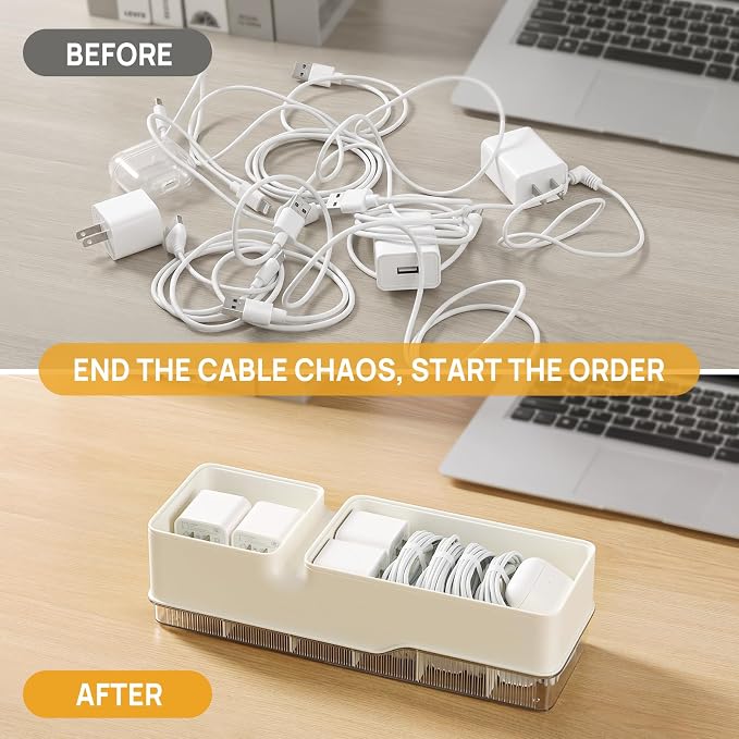 Cord Organizer Storage, Charger Organizer Box with Adjustable Dividers, Dustproof Plastic Case for Cables & Adapters, Includes Cable Ties and Labels, Wire Organizers for Cords in the Home Office