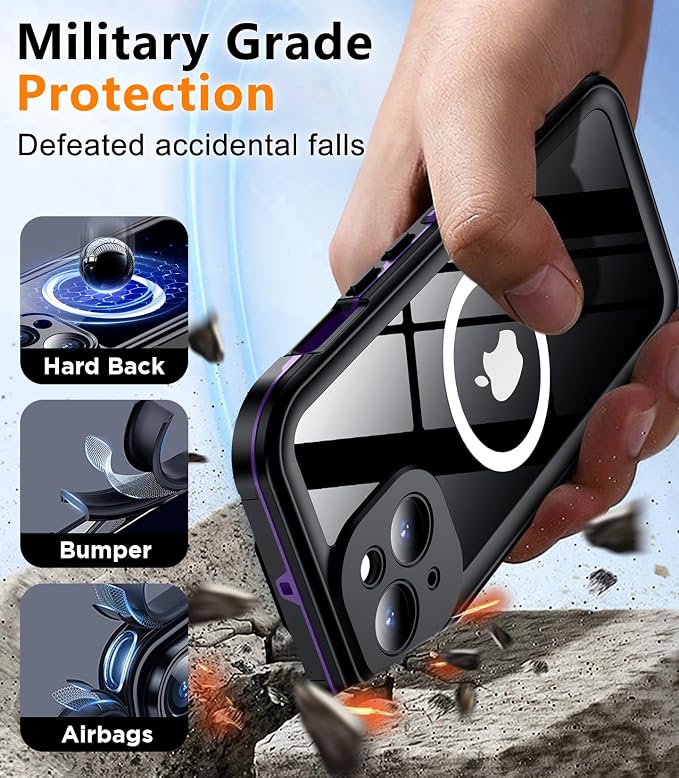 Temdan Magnetic for iPhone 15 Case Waterproof,Built-in Screen Protector[IP68 Underwater][Upgrade Military Dropproof][Compatible with MagSafe] Full Body Shockproof Translucent Case 6.1''-Purple