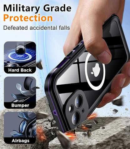 Temdan Magnetic for iPhone 15 Case Waterproof,Built-in Screen Protector[IP68 Underwater][Upgrade Military Dropproof][Compatible with MagSafe] Full Body Shockproof Translucent Case 6.1''-Purple