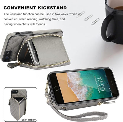 Bocasal Crossbody Wallet Case for iPhone SE 2022/SE 2020/8/7, RFID Blocking PU Leather Zipper Handbag Purse Flip Cover, Kickstand Folio Case with Card Slots Holder Wrist Strap Lanyard 4.7 Inch (Grey)
