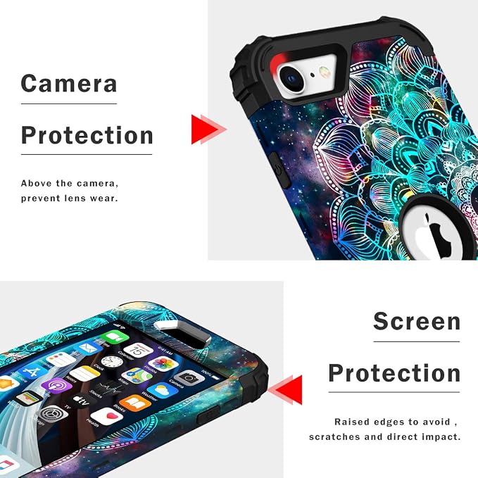 Hocase for iPhone SE 2022/2020 Case, Heavy Duty Shockproof Protection Hard Plastic+Silicone Rubber Hybrid Protective Case for iPhone SE 3rd/2nd Generation (4.7") - Mandala in Galaxy