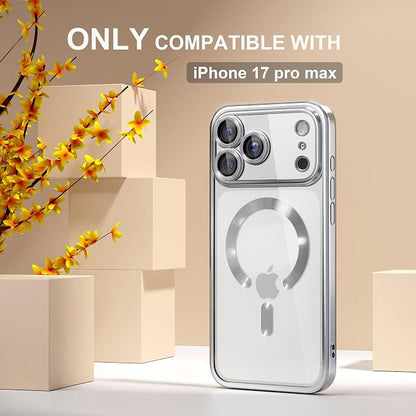 Misea Magnetic for iPhone 17 Pro Max Case Compatible with MagSafe [Never Yellowing] [Military Grade Drop Protection] Full Camera Lens Protector Plating Soft Clear Phone Case for Women, Silver