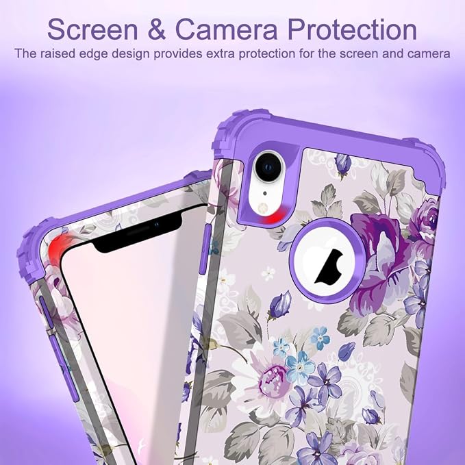 Hocase for iPhone XR Case, Heavy Duty Shockproof Protection Soft Silicone Rubber+Hard Plastic Bumper Hybrid Dual Layer Protective Case for iPhone XR (6.1-inch Display) 2018 - Lavender Flowers