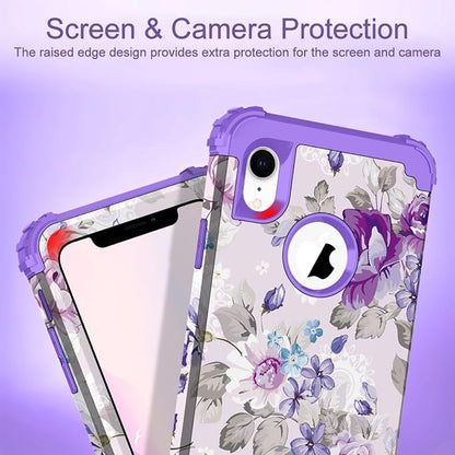 Hocase for iPhone XR Case, Heavy Duty Shockproof Protection Soft Silicone Rubber+Hard Plastic Bumper Hybrid Dual Layer Protective Case for iPhone XR (6.1-inch Display) 2018 - Lavender Flowers