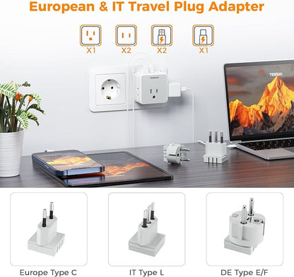 TESSAN All European Italy Travel Plug Adapter Kit | International Detachable, 3 Outlet 3 USB Ports (1 USB C), Type C/E/F/L EU Power Adaptor, US to France Germany Spain Greece