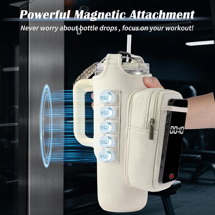 Magnetic Gym Bag for Men Women, Water Bottle Carrier Holder with Strap for Stanley, Small Bag Accessories pouch with N52