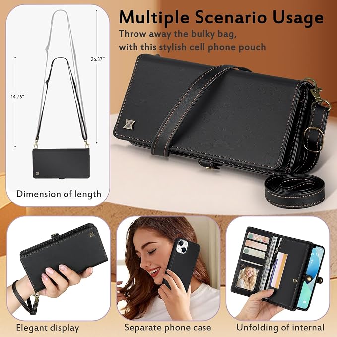 for Wallet Case Compatible with iPhone 13,Multi-Function Detachable 2 in 1 Magnetic iPhone 13 Case Wallet,Flip Strap Zipper Card Holder Phone Case with Shoulder Straps (Black)