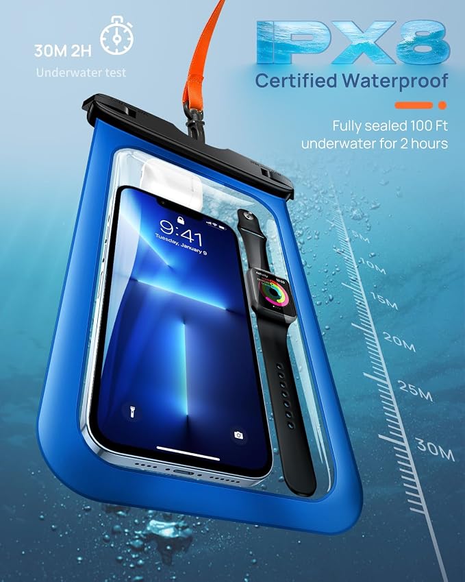 Lanhiem 10.5" Large Waterproof Phone Pouch, 2 Pack Universal IPX8 Waterproof Dry Bag with Lanyard for iPhone 16 15 14 Pro Max, Samsung Galaxy S24 S23 S22 Ultra, S23 FE, Pixel 9 8 Pro, Black+Blue