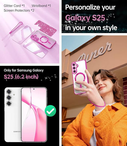 Meifigno Case Designed for Samsung Galaxy S25 6.2 inch, [Compatible with MagSafe] [2X HD Screen Protectors] [Glitter Card & Wrist Strap] Surround Lens Protection Case for Samsung Galaxy S25, Hot Pink