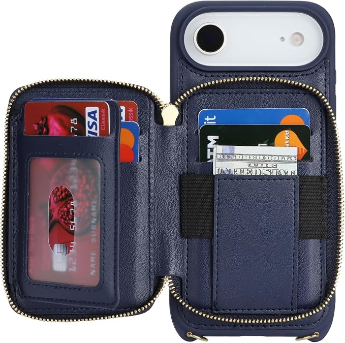 Crossbody Wallet Case for iPhone Air, PU Leather Zipper Handbag Purse Flip Cover, Kickstand Folio Case with Card Slots Holder Wrist Strap Lanyard 5G 6.5 Inch-Blue