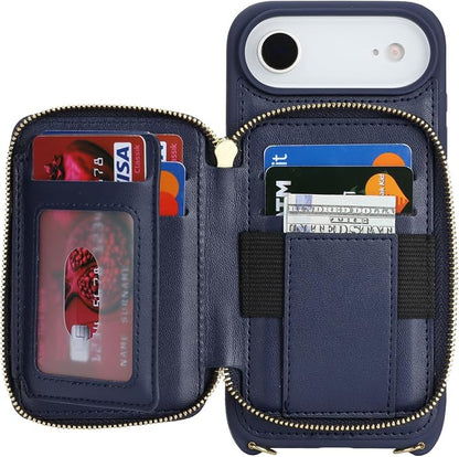 Crossbody Wallet Case for iPhone Air, PU Leather Zipper Handbag Purse Flip Cover, Kickstand Folio Case with Card Slots Holder Wrist Strap Lanyard 5G 6.5 Inch-Blue