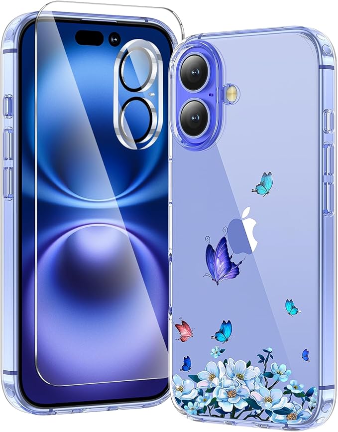 3 in 1 for iPhone 16 Case Clear, Screen Protector *1 & Camera Lens Protector*1, Print Shockproof for iPhone 16 Phone Case 6.1 inch Floral