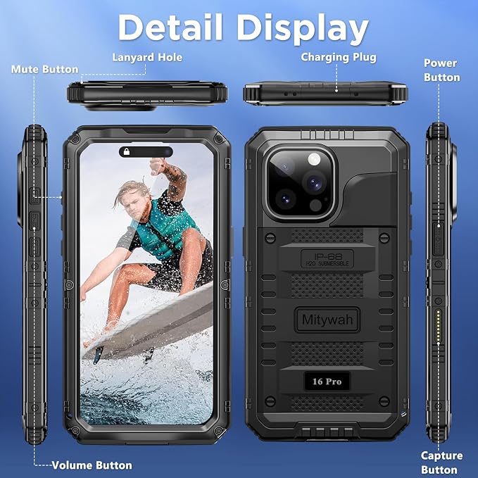 Mitywah Waterproof Case for iPhone 16 Pro, Shockproof Heavy Duty Case with Built-in Screen Protector, Underwater Full Body Protective Metal Case 6.3 inch, Black